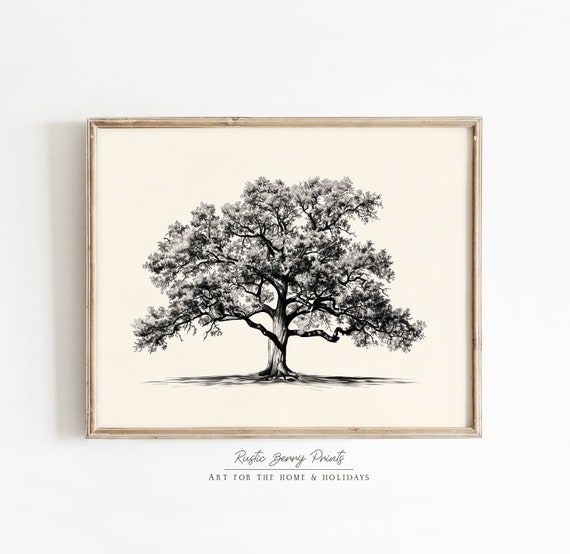 Vintage Oak Tree Sketch Art Print Antique Print Country Farmhouse Decor Neutral Tone Print Antique Art