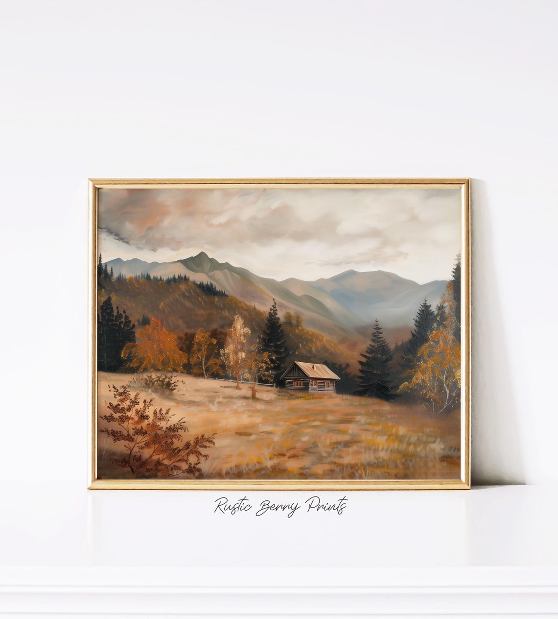 Mountain Cabin Autumn Valley Misty Peaks Rustic Landscape Print
