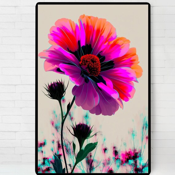 Vibrant Neon Pink Orange Cosmos Flower Modern Abstract Floral Art Print Decor