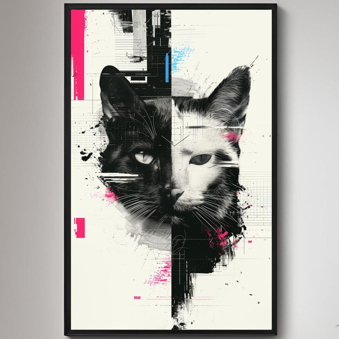 Split Black White Cat Face Glitch Edgy Modern Digital Poster