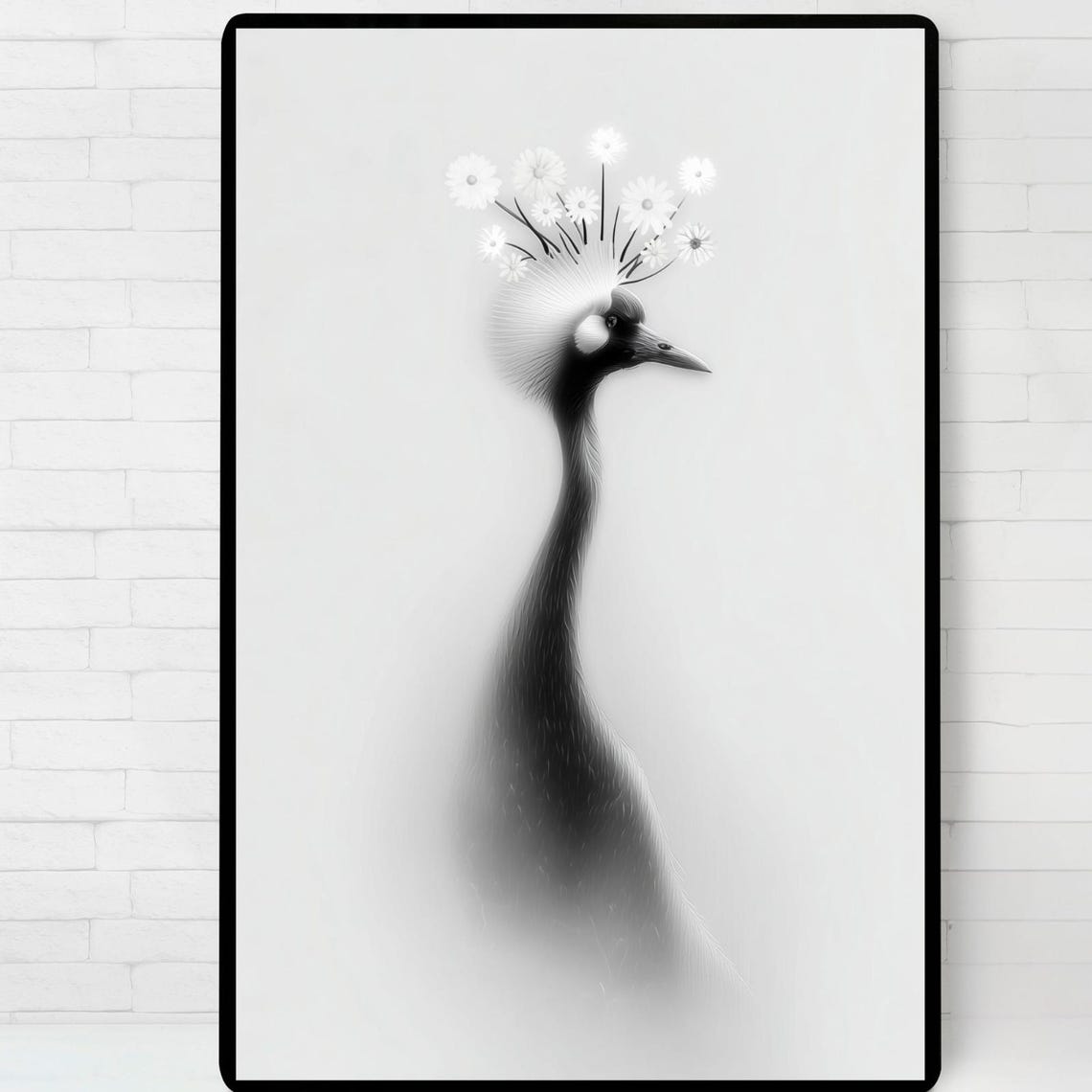 Crowned Crane Black And White Art Poster Wall Instant