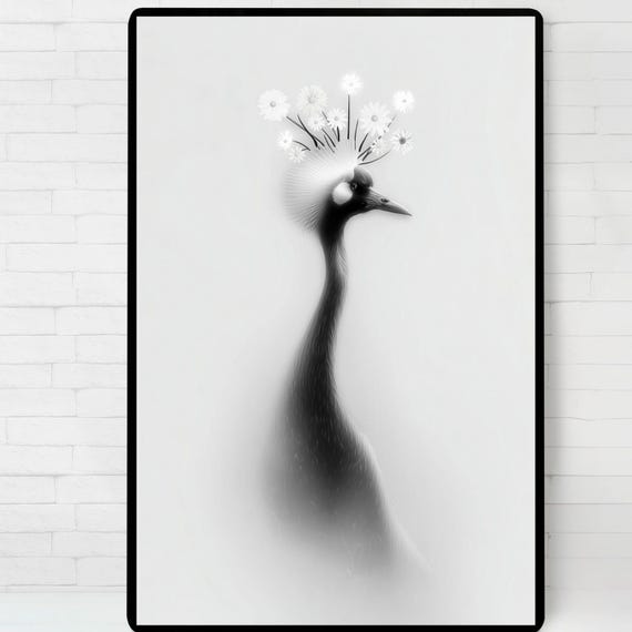 Crowned Crane Black And White Art Poster Wall Instant