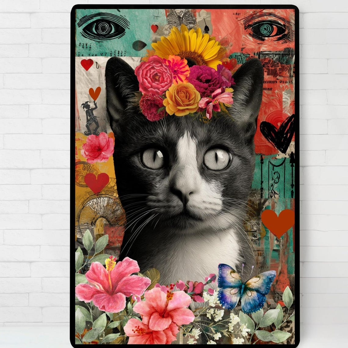 Floral Crown Cat Poster Colorful Collage Art Printprintable Wall Instant