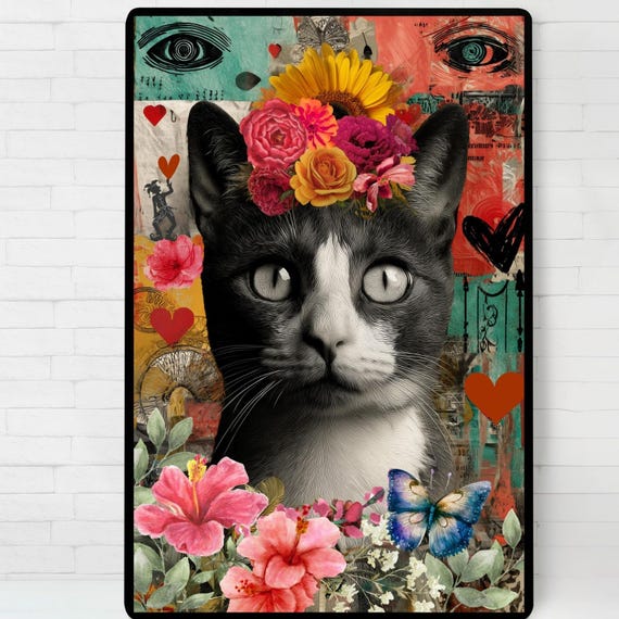 Floral Crown Cat Poster Colorful Collage Art Printprintable Wall Instant
