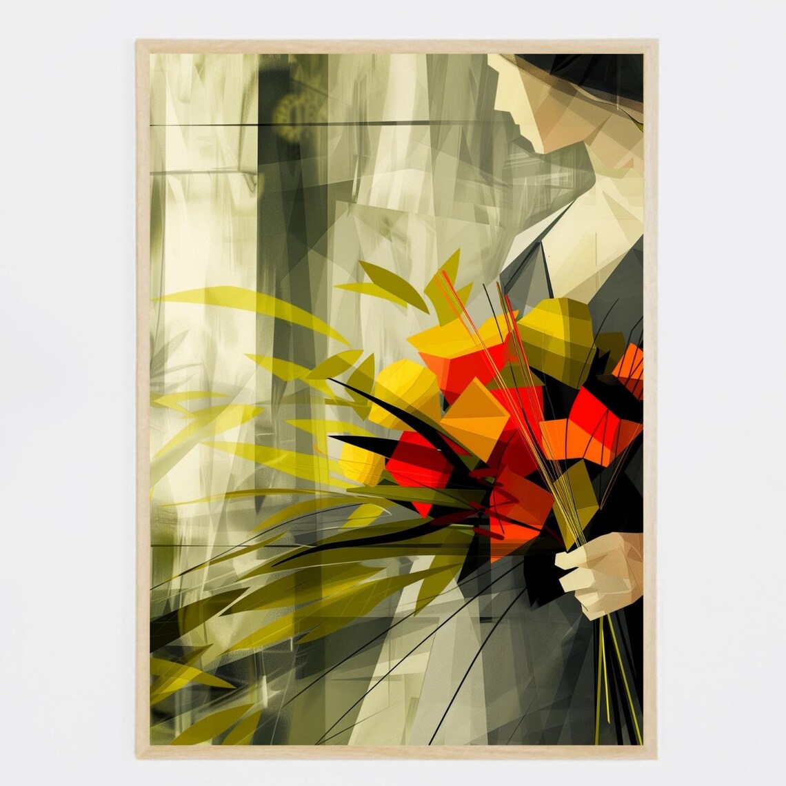 Geometric Woman Holding Colorful Bouquet Modern Cubist Art Poster