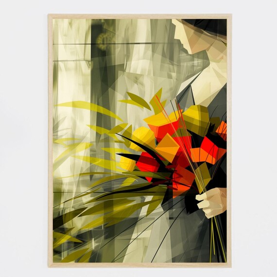 Geometric Woman Holding Colorful Bouquet Modern Cubist Art Poster