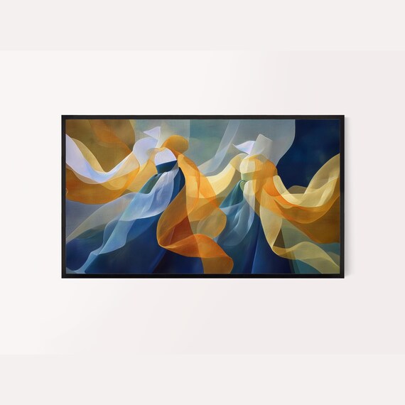 Korean Frame Tv Art Hanbokinspired Abstract Painting Blue Orange And Yellow Colors Flowing Layers