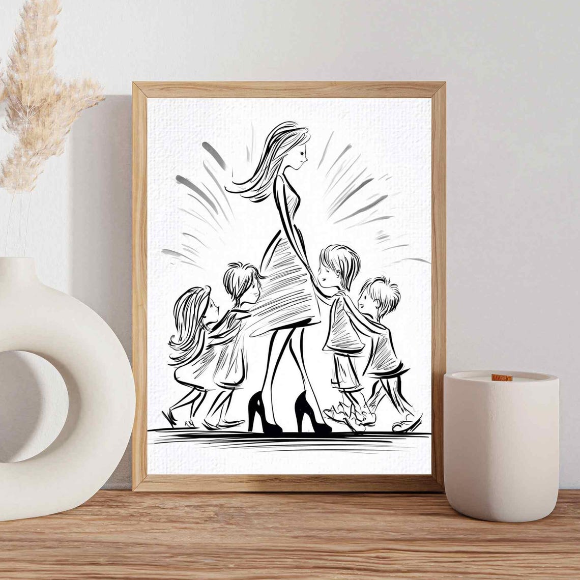 Mother Walking Three Children Sketch Fashion Style Family Bond Poster