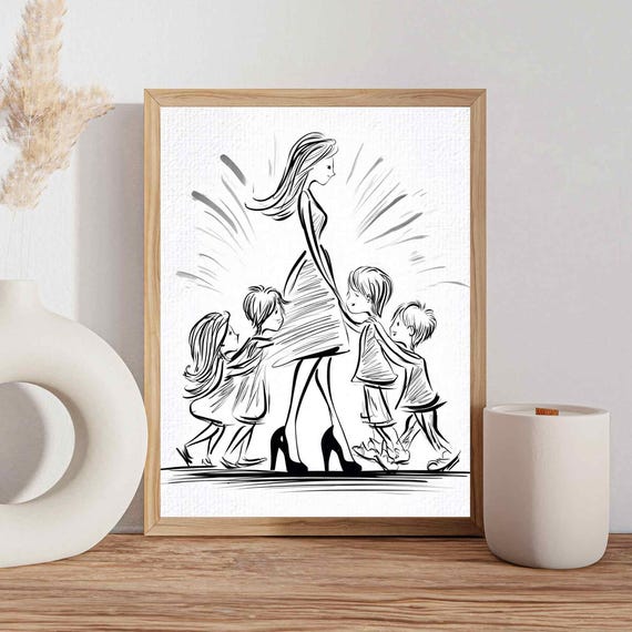 Mother Children Line Art Minimalist Black And White Sketch Emotional Family Bonding Wall Decor For Nursery Or Home