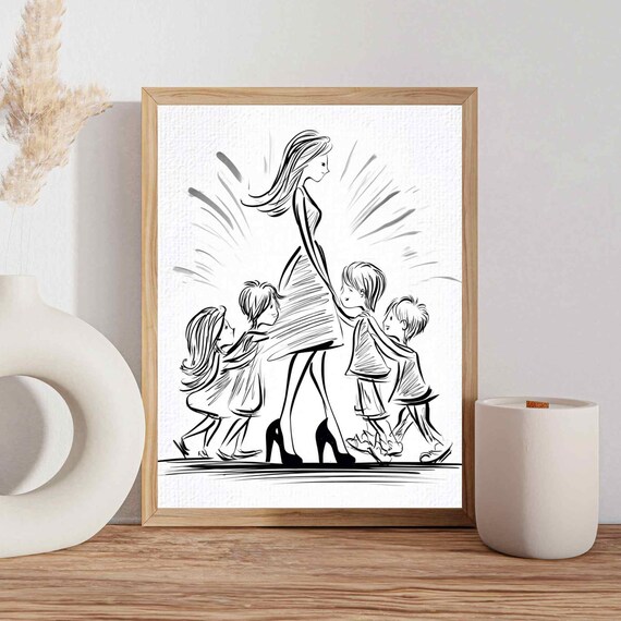 Mother Walking Three Children Sketch Fashion Style Family Bond Poster