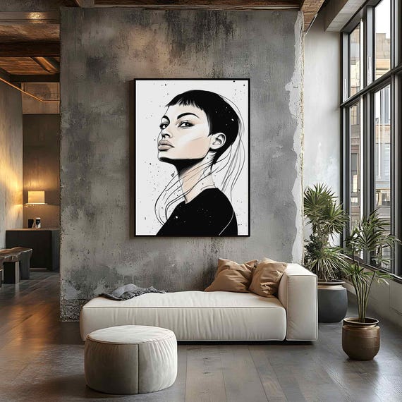 Black White Woman With Flowing Hair Silhouette Sketch Ink Splatters Abstract Minimalist Art For Modern Interior Wall Decor
