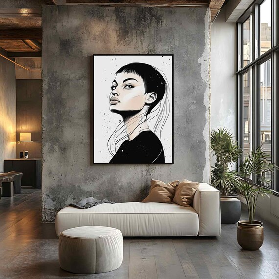 Ink Sketch Woman Short Dark Hair Flowing Lines Monochrome Chic Portrait Poster
