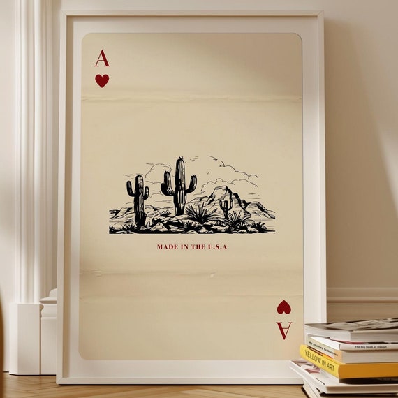 Playing Card Print Desert Vintage Western Landscape Poster Cowboy Wall Art Trendy Ace Of Hearts
