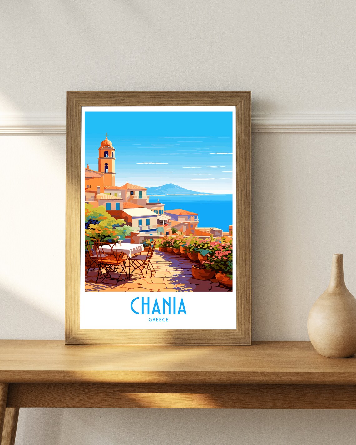 Chania Greece Seafront Terrace Mountain View Church Tower Art Poster - Image 4