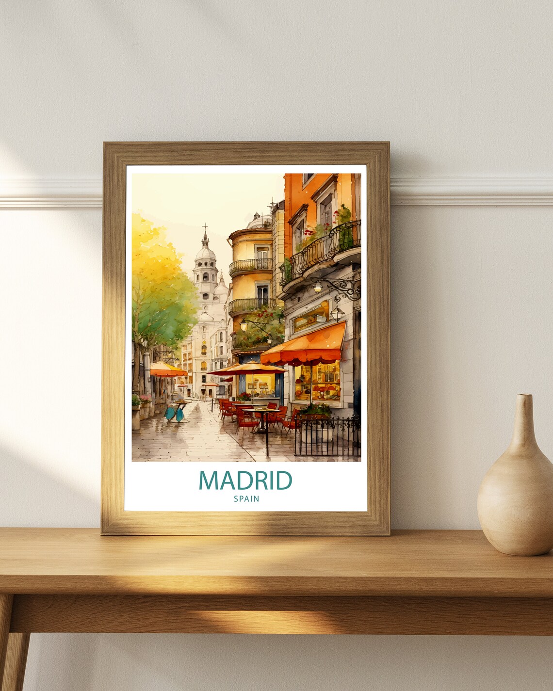 Madrid Spain Watercolor Cafe Street with Church Spire Art Poster - Image 2