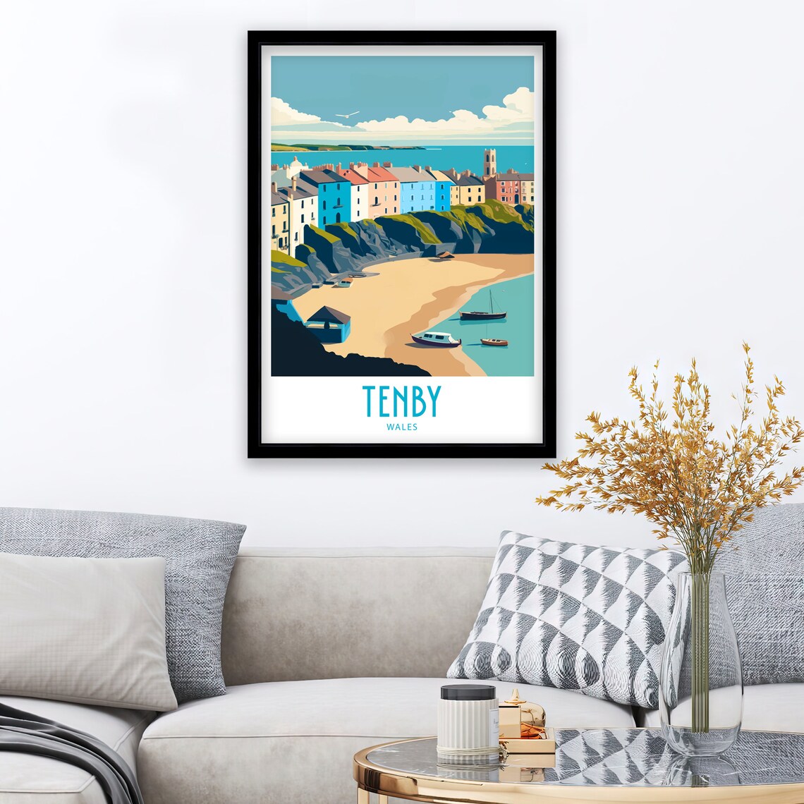 Tenby Wales Colorful Seaside Houses Sandy Beach Boats View Poster - Image 4