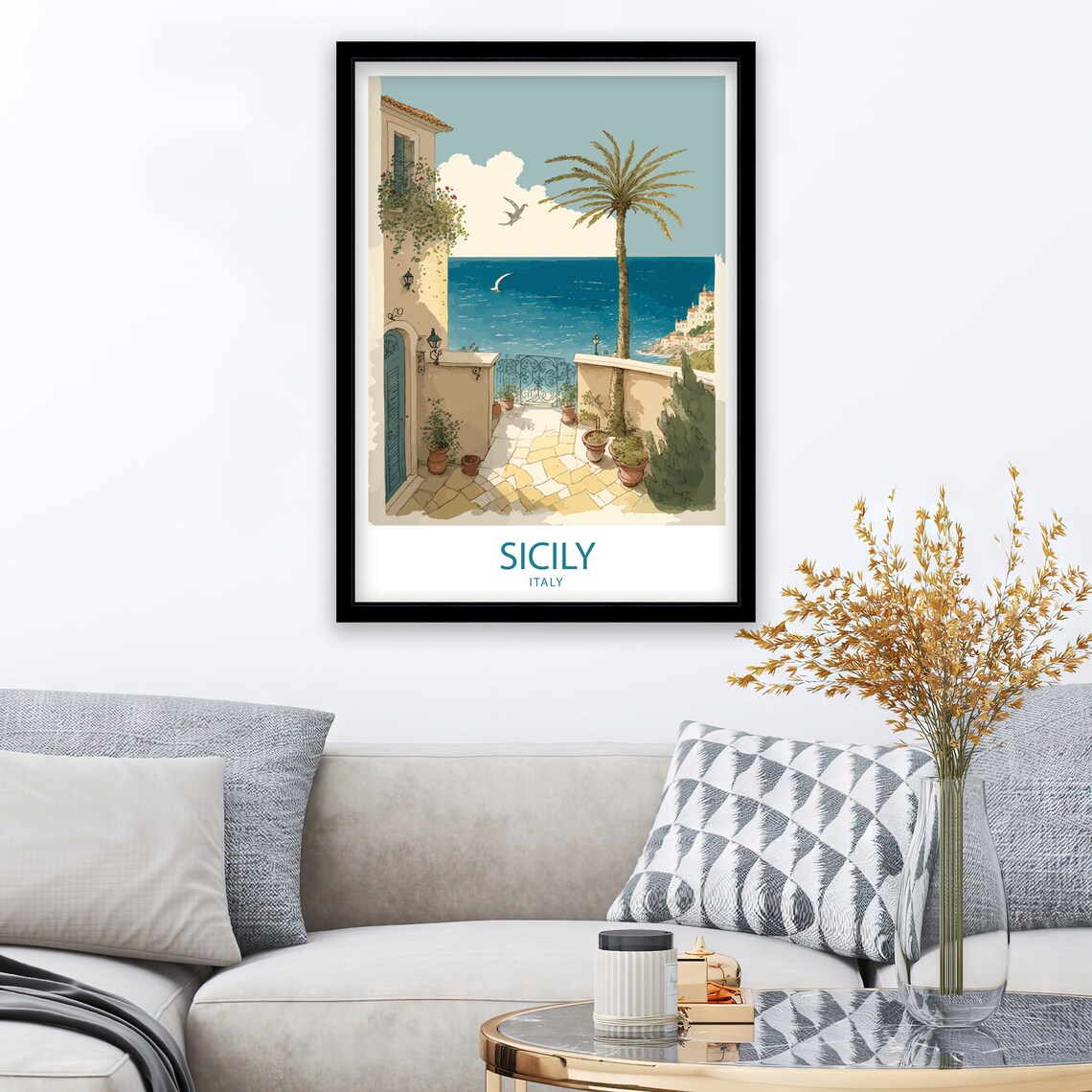 Sicily Italy Seaside Terrace Palm Stone Courtyard Travel Poster - Image 2