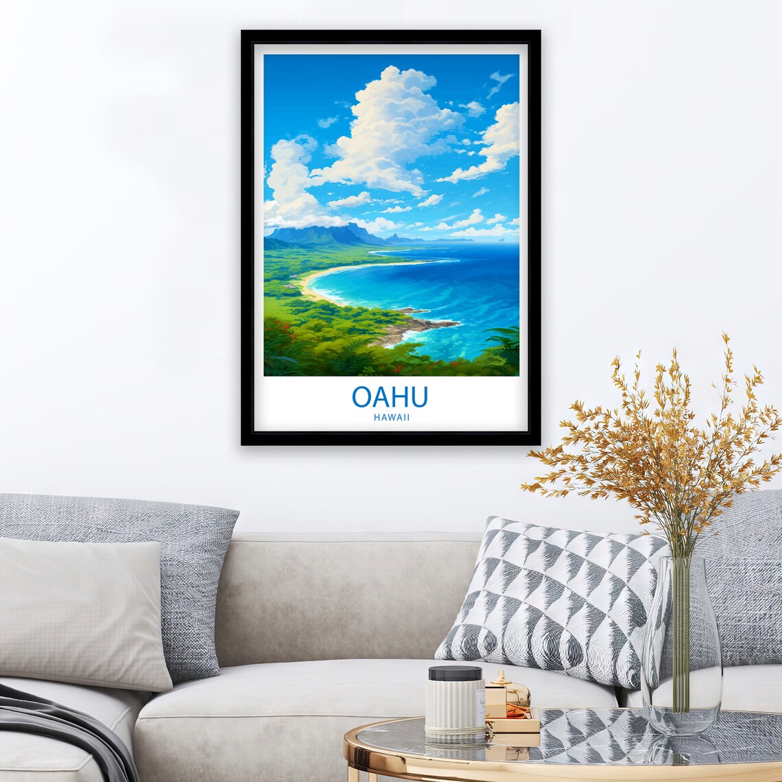 Oahu Hawaii Turquoise Bay Lush Green Hillside Coastline Art Poster - Image 2