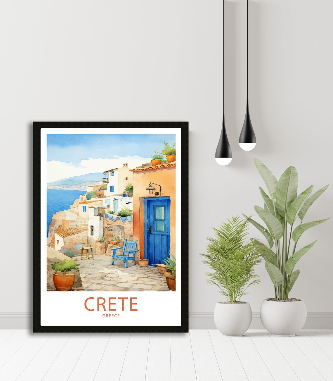 Crete Greece Courtyard Blue Doors Sea View Watercolor Poster - Image 5