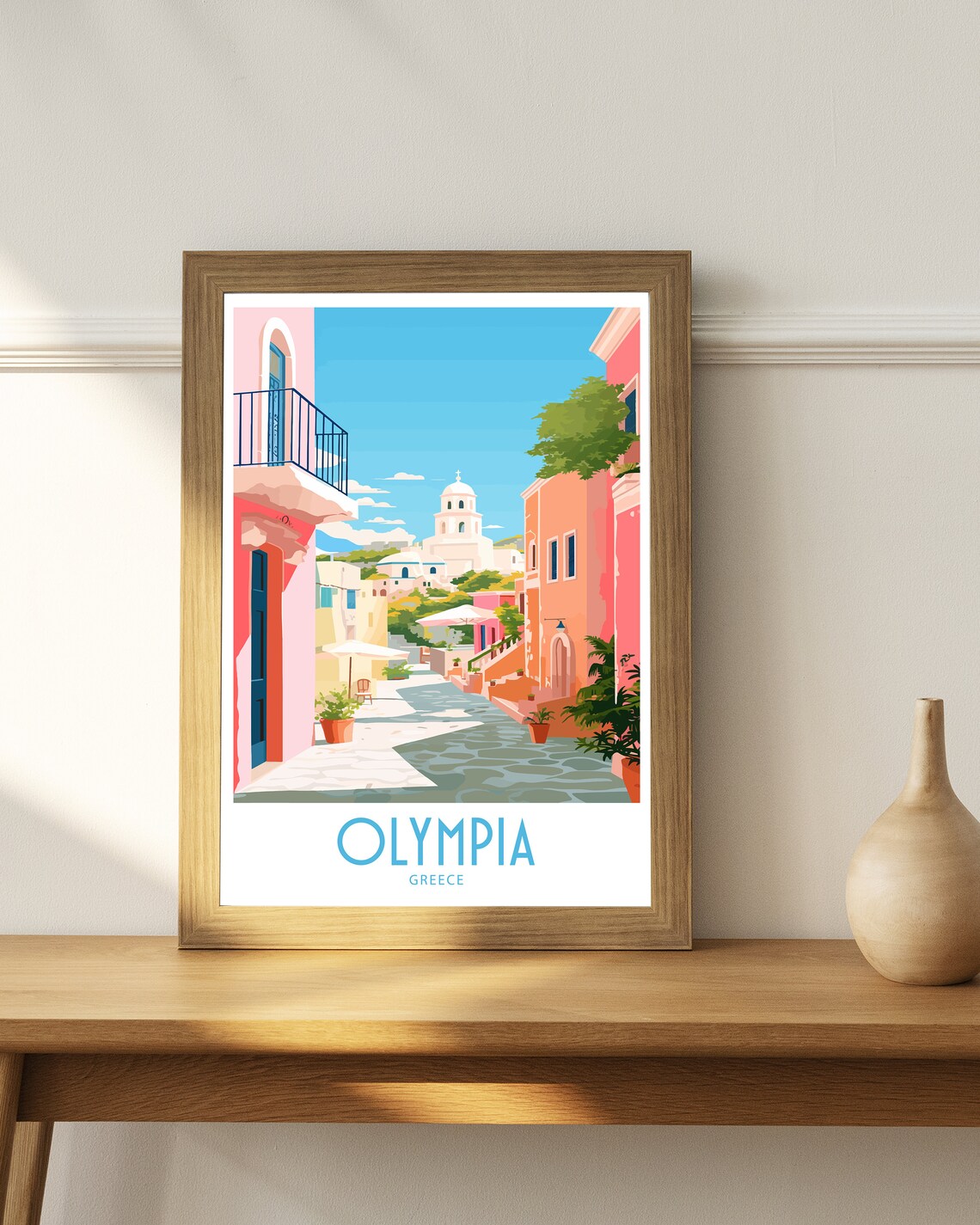 Olympia Greece Pink Street White Church Dome Sunny Village Art Poster - Image 4
