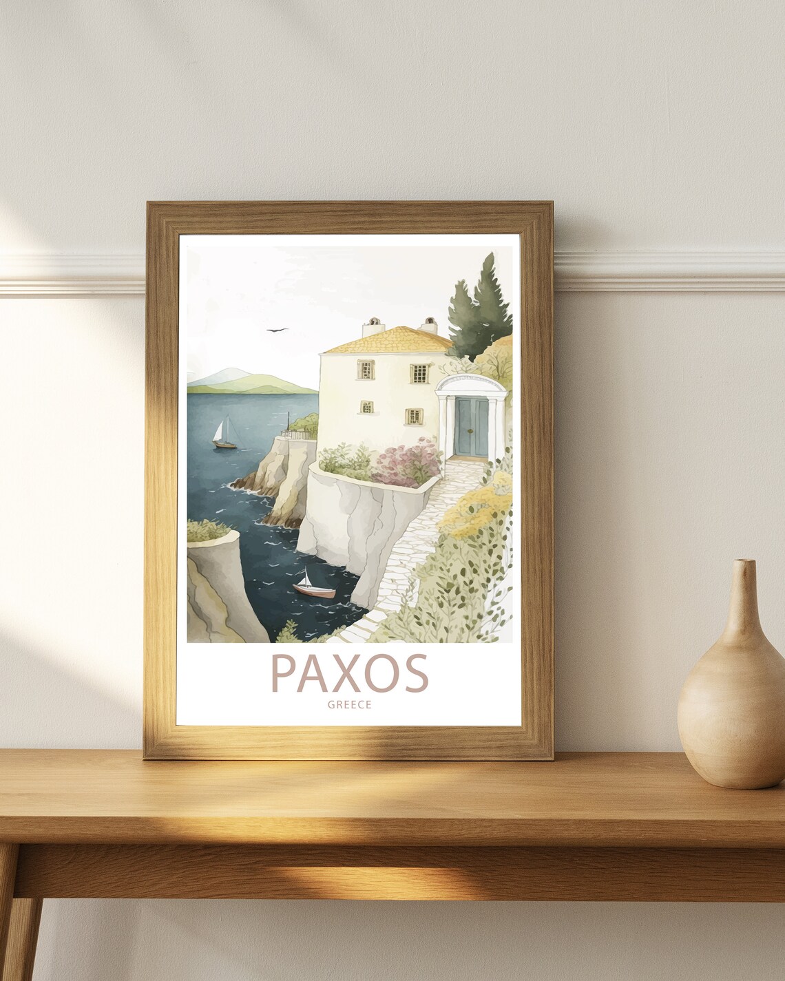 Paxos Greece Watercolor Cliffside Villa Sea View Sailboats Art Poster - Image 4