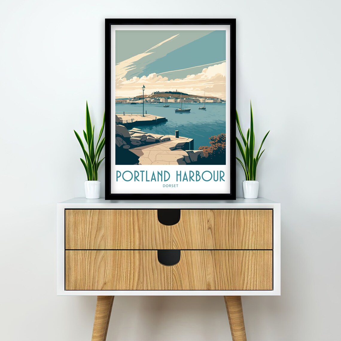 Portland Harbour Dorset Pier Sailboats Calm Sea Retro Art Poster - Image 4