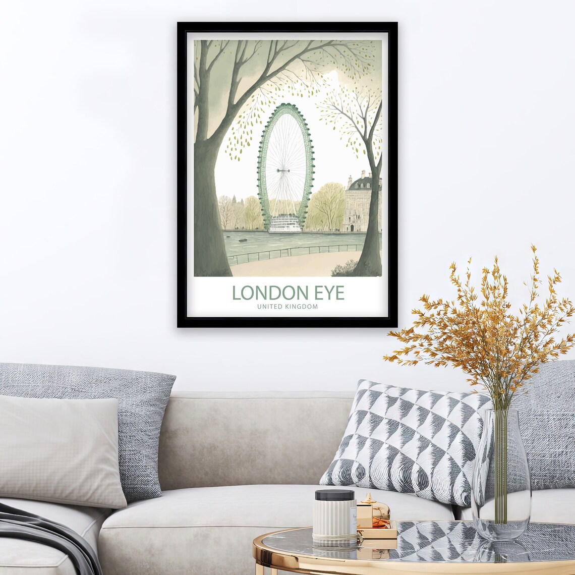 London Eye United Kingdom Watercolor Wheel Trees Travel Poster - Image 2