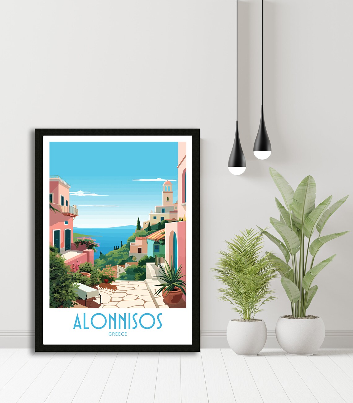 Alonnisos Greece Pink Houses Terrace Sea View Bell Tower Poster - Image 5