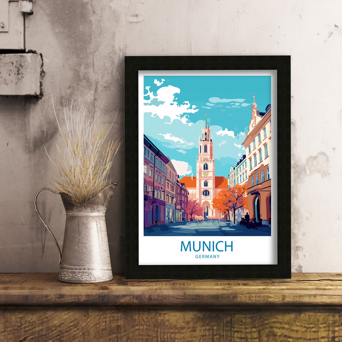 Munich Germany Old Town Clock Tower Autumn Street Travel Poster - Image 4