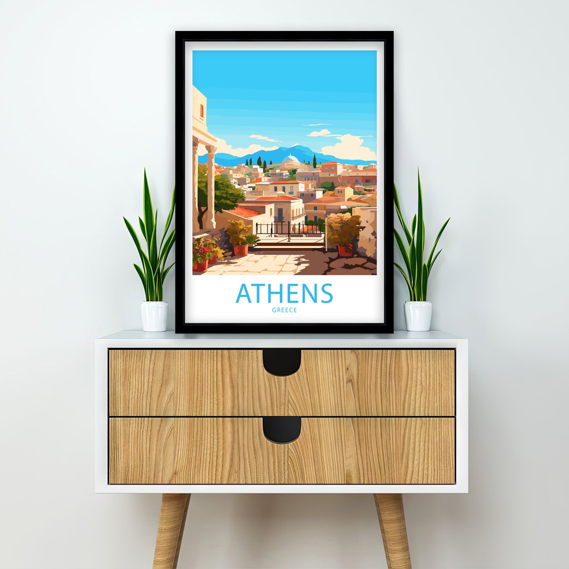 Athens Greece Column Terrace Panoramic City View Retro Art Poster - Image 2
