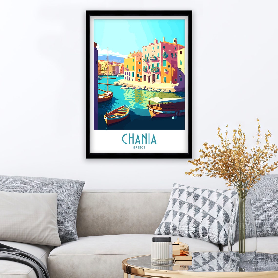Chania Greece Old Harbour Colourful Waterfront Boats Travel Poster - Image 3