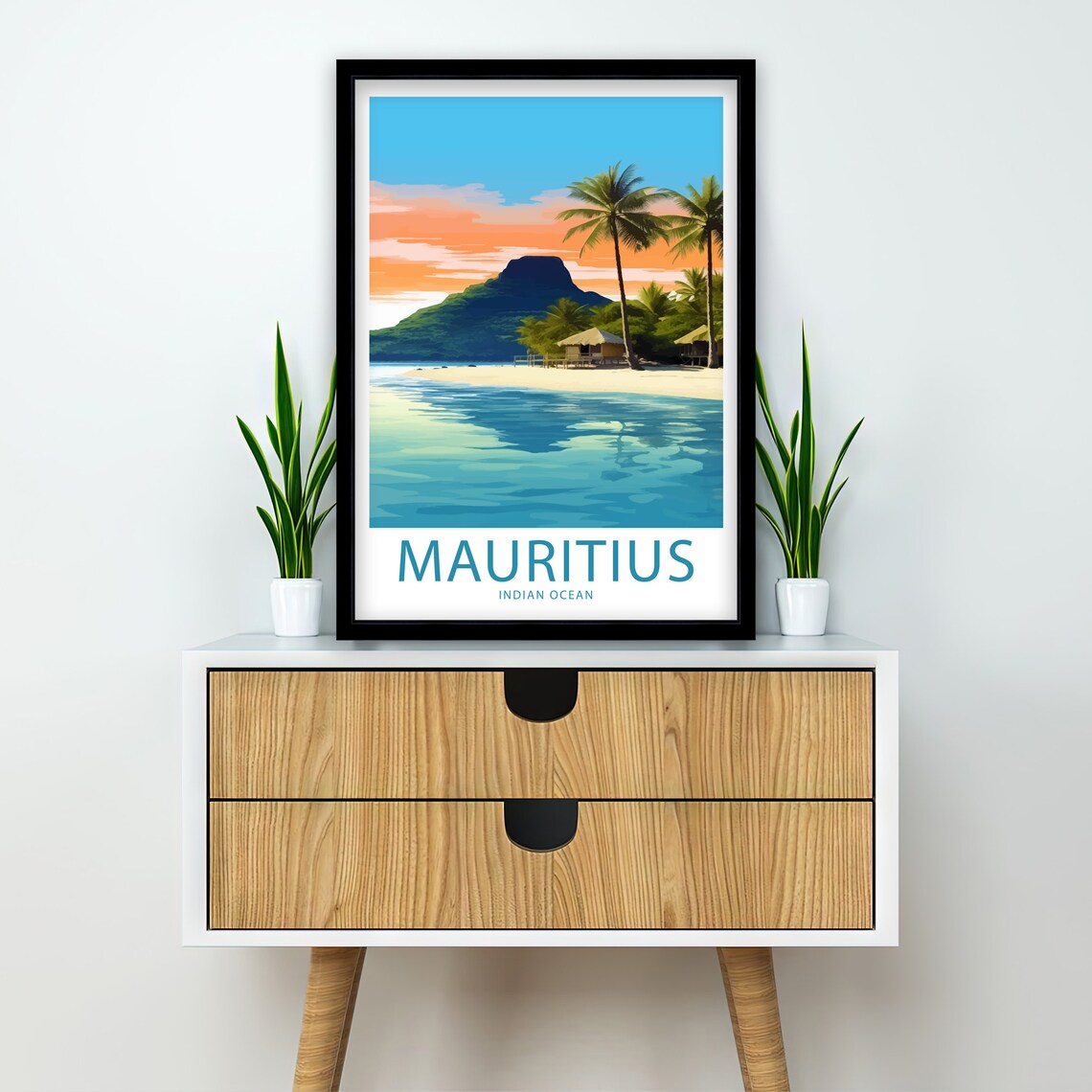 Mauritius Indian Ocean Palm Beach Mountain Illustrated Travel Poster - Image 2