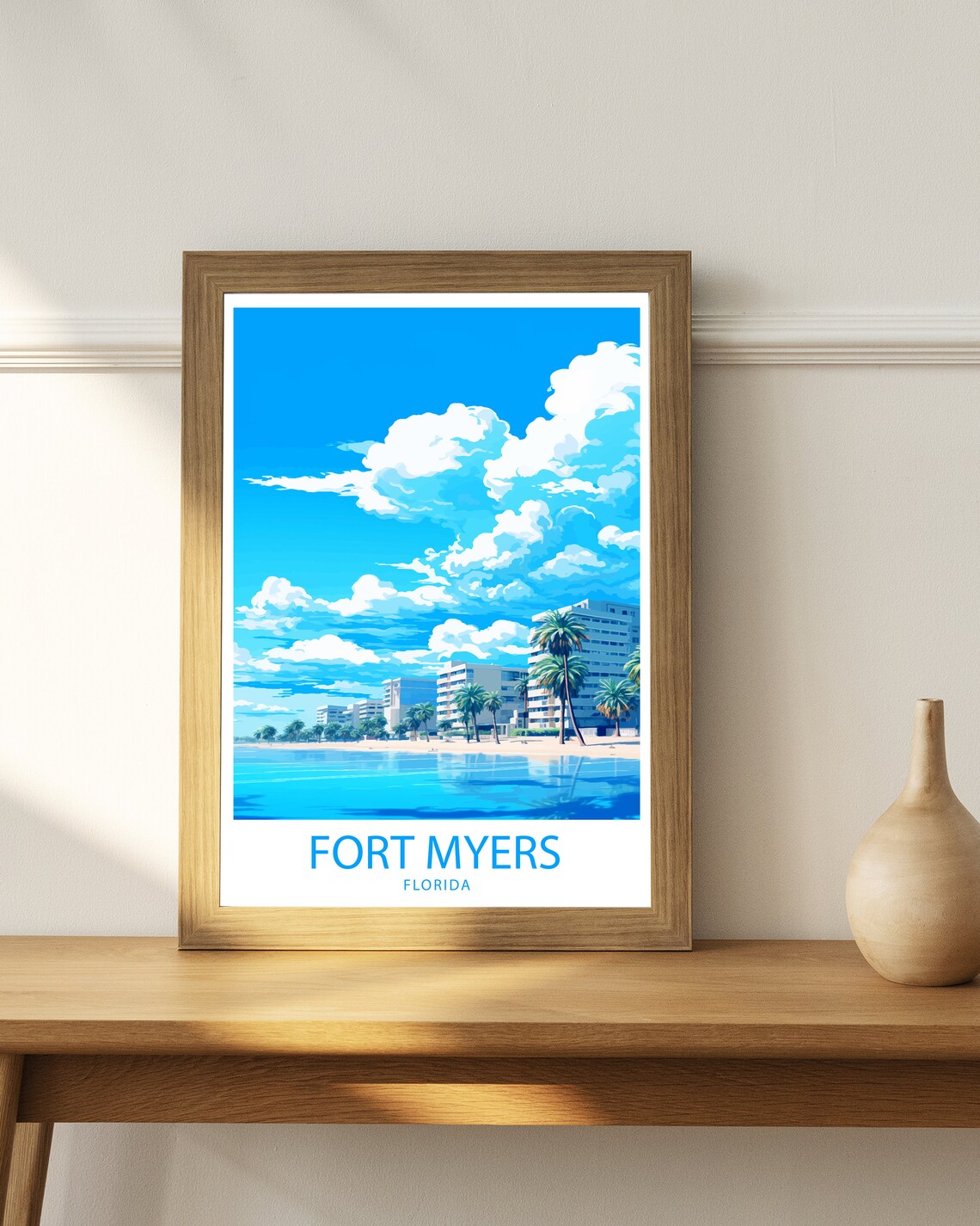 Fort Myers Florida Beachfront Skyline Palms Retro Travel Art Poster - Image 3