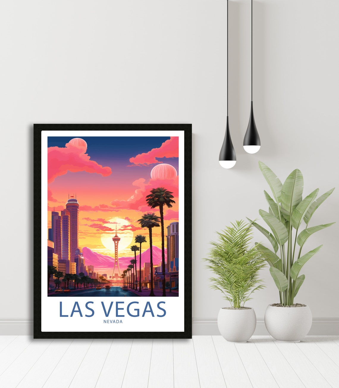 Las Vegas Nevada Sunset STRAT Tower Palm Trees Pink Sky Art Poster - Image 5