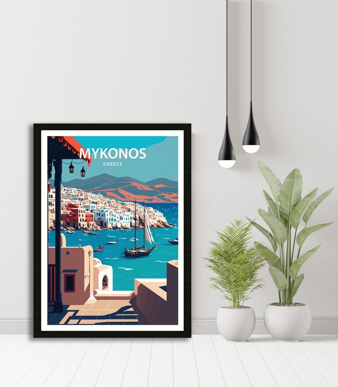 Mykonos Greece Harbour Town Terrace Lantern Sunset Travel Poster - Image 4