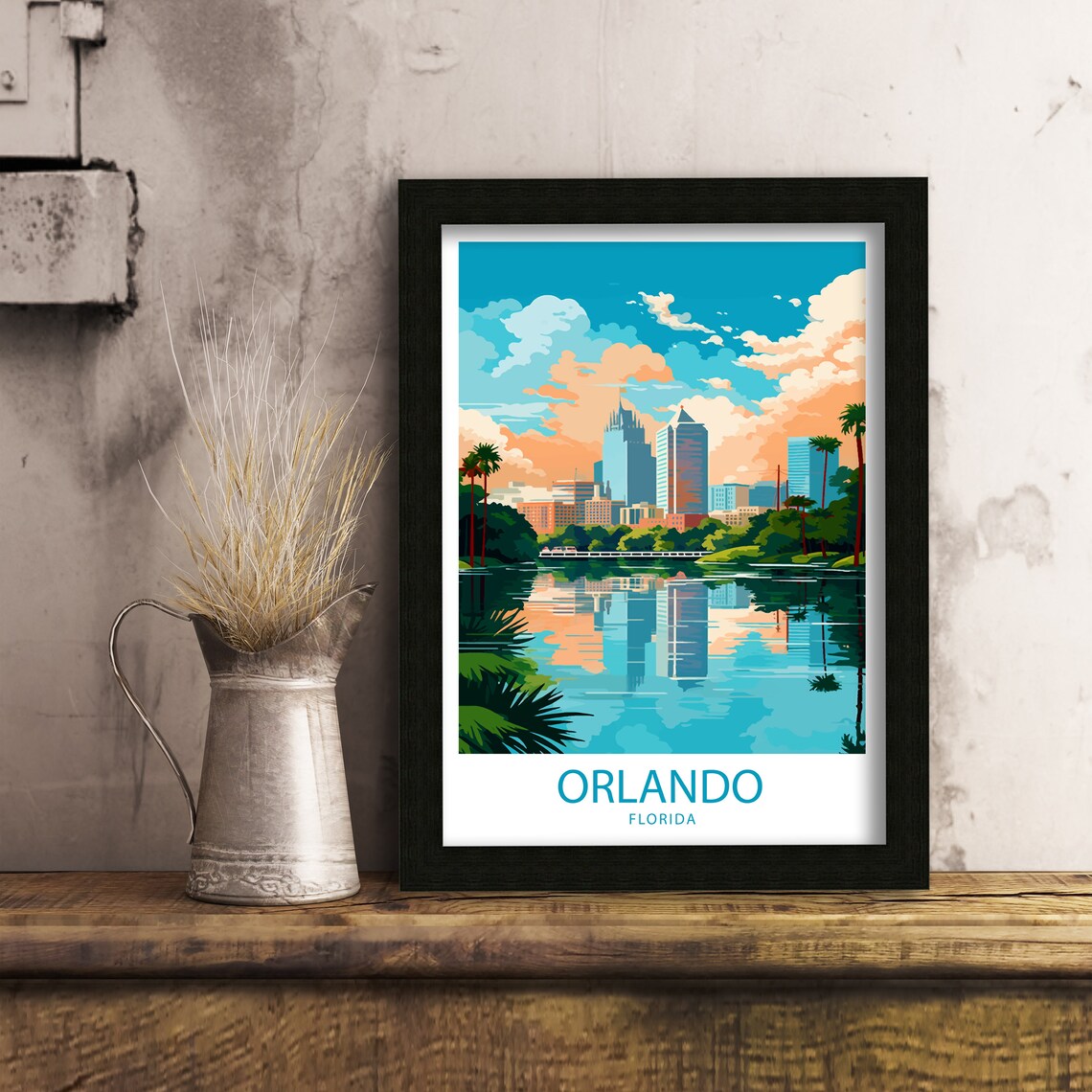 Orlando Florida Sunset Skyline Palm Lake Reflection Travel Poster - Image 6