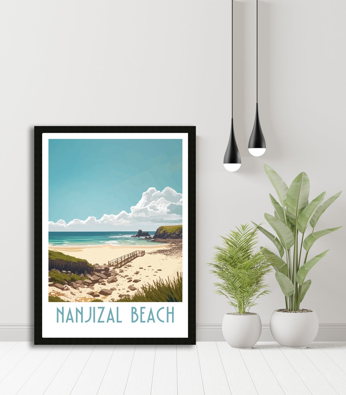 Nanjizal Beach Cornwall Sandy Shore Footbridge Rocks Retro Art Poster - Image 5