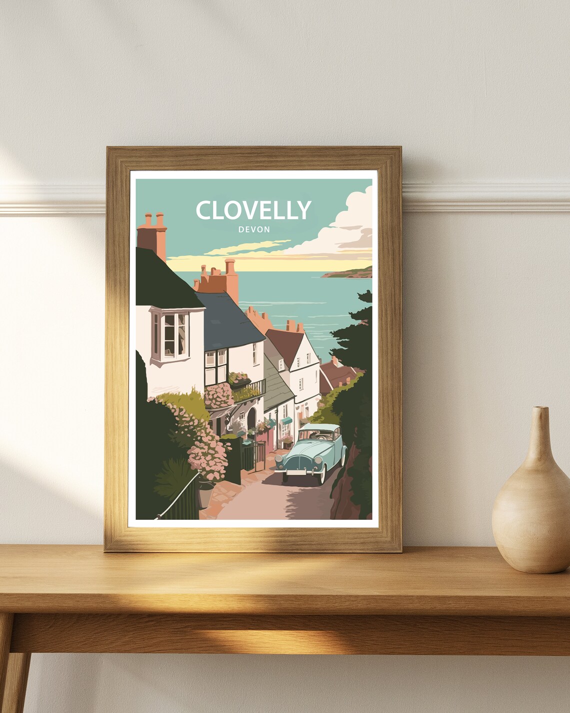 Clovelly Devon Steep Cobbled Street And Vintage Car Sea View Poster - Image 4