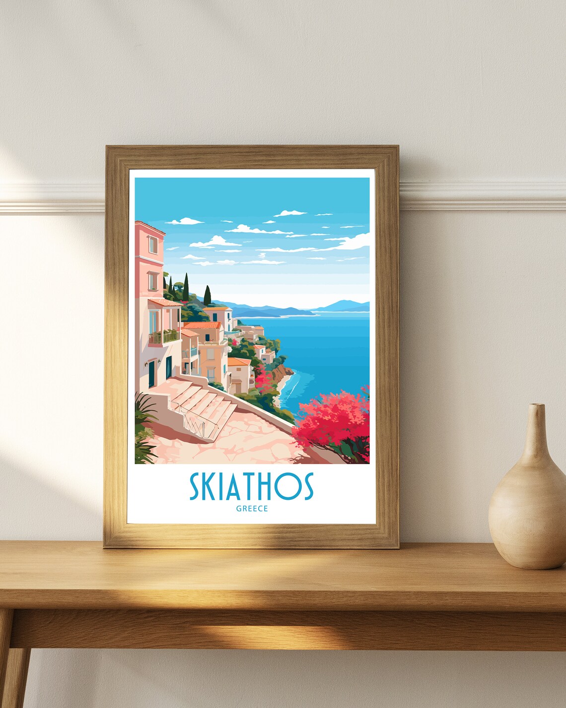 Skiathos Greece Hillside Houses Stone Steps Aegean Sea View Poster - Image 4
