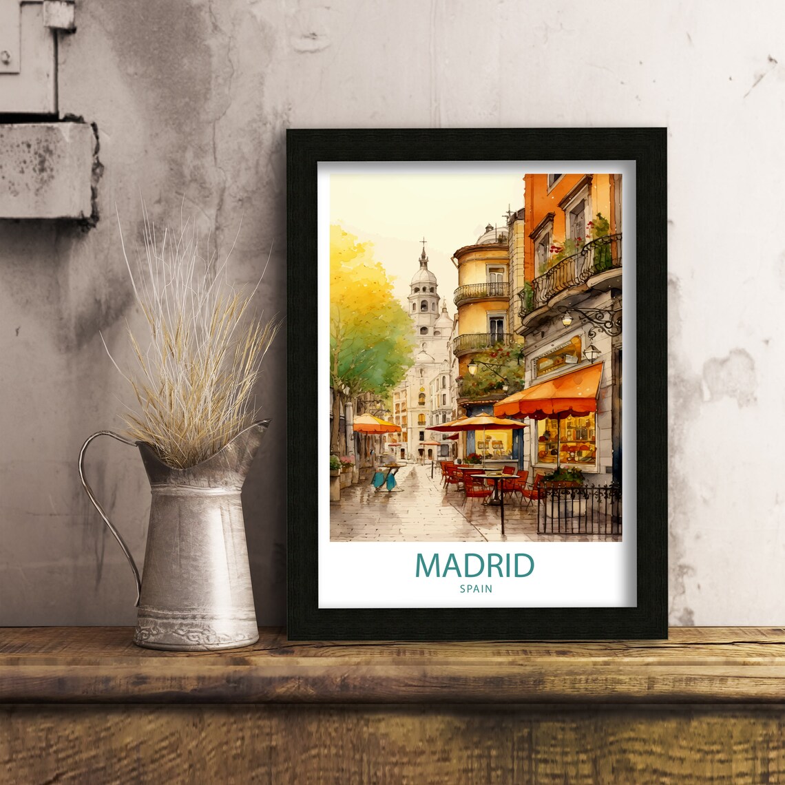 Madrid Spain Watercolor Cafe Street with Church Spire Art Poster - Image 4