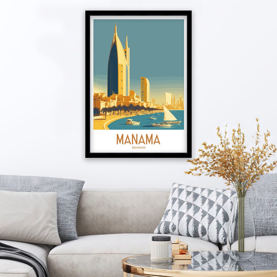Manama Bahrain Sail Tower Skyline And Dhow Boats Harbor Sunset Poster - Image 3