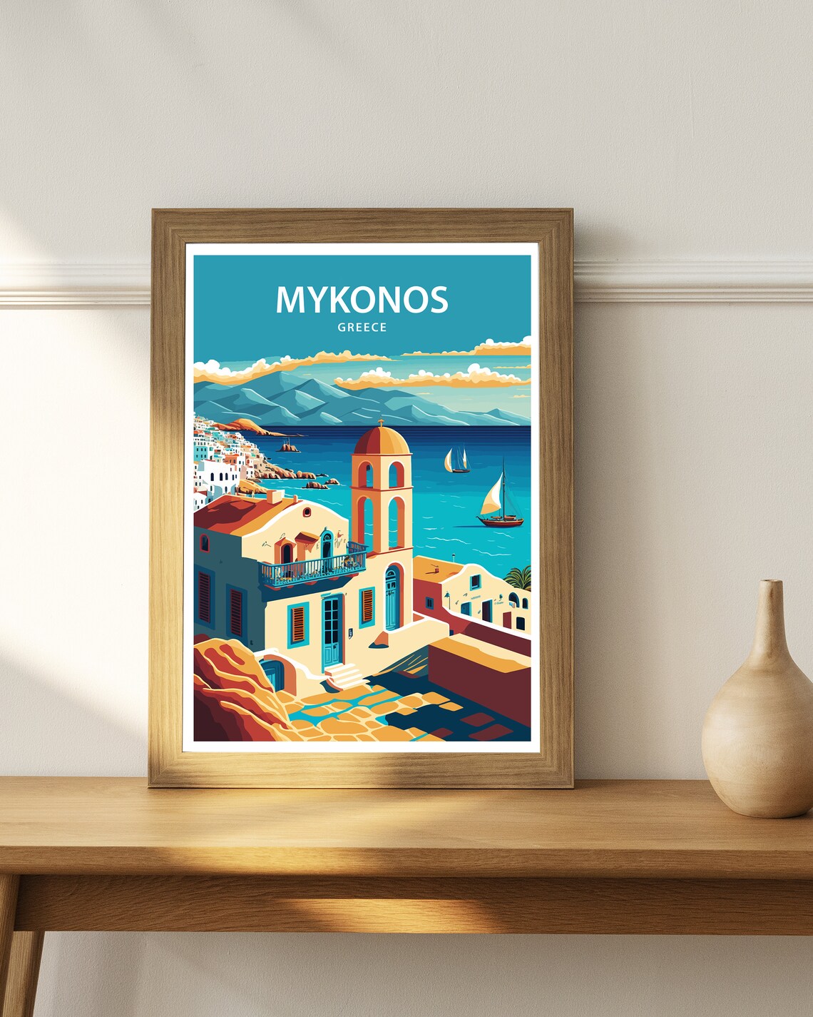 Mykonos Greece Bell Tower Whitewashed House Sea View Travel Poster - Image 3