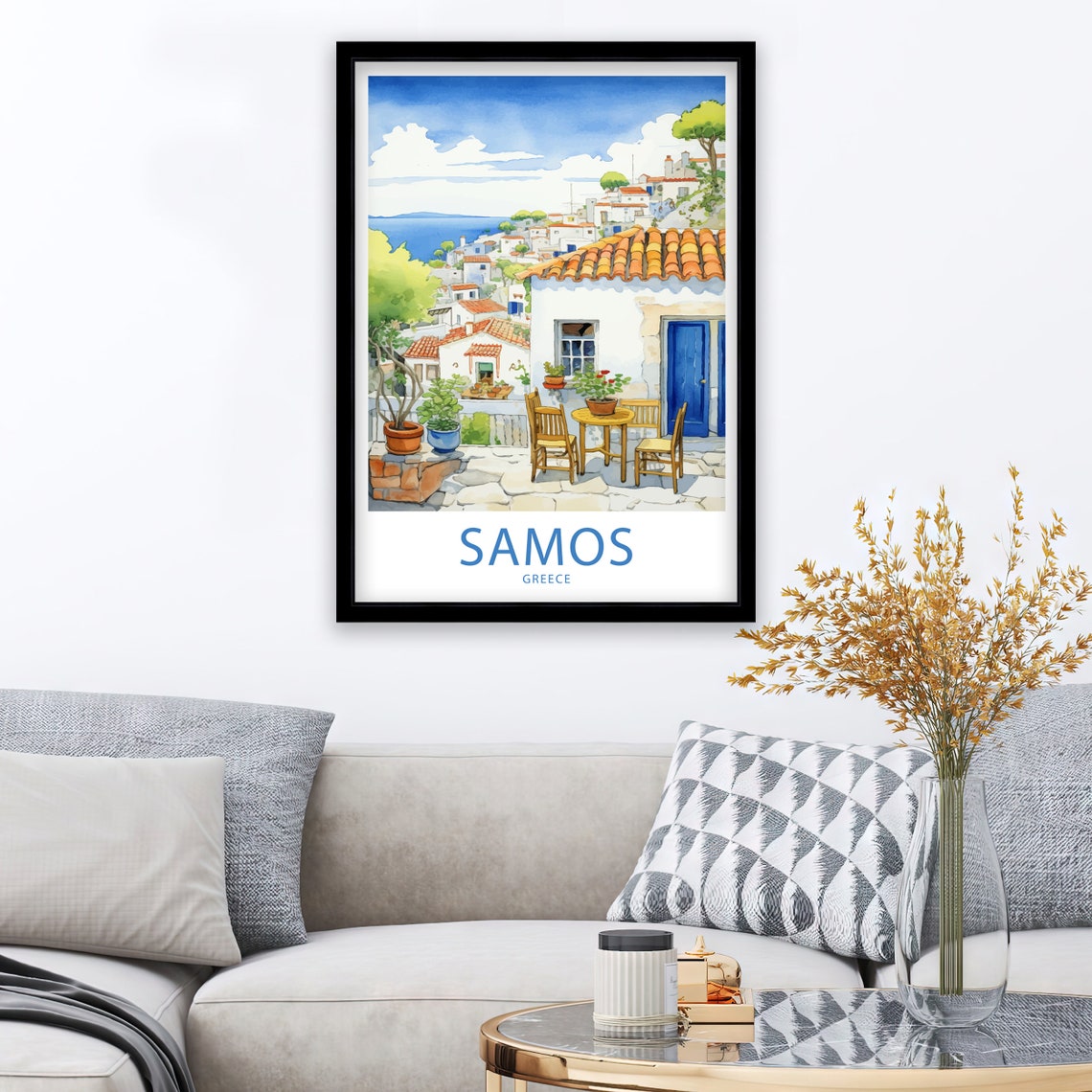 Samos Greece Sunlit Terrace Village View Watercolor Travel Poster - Image 3