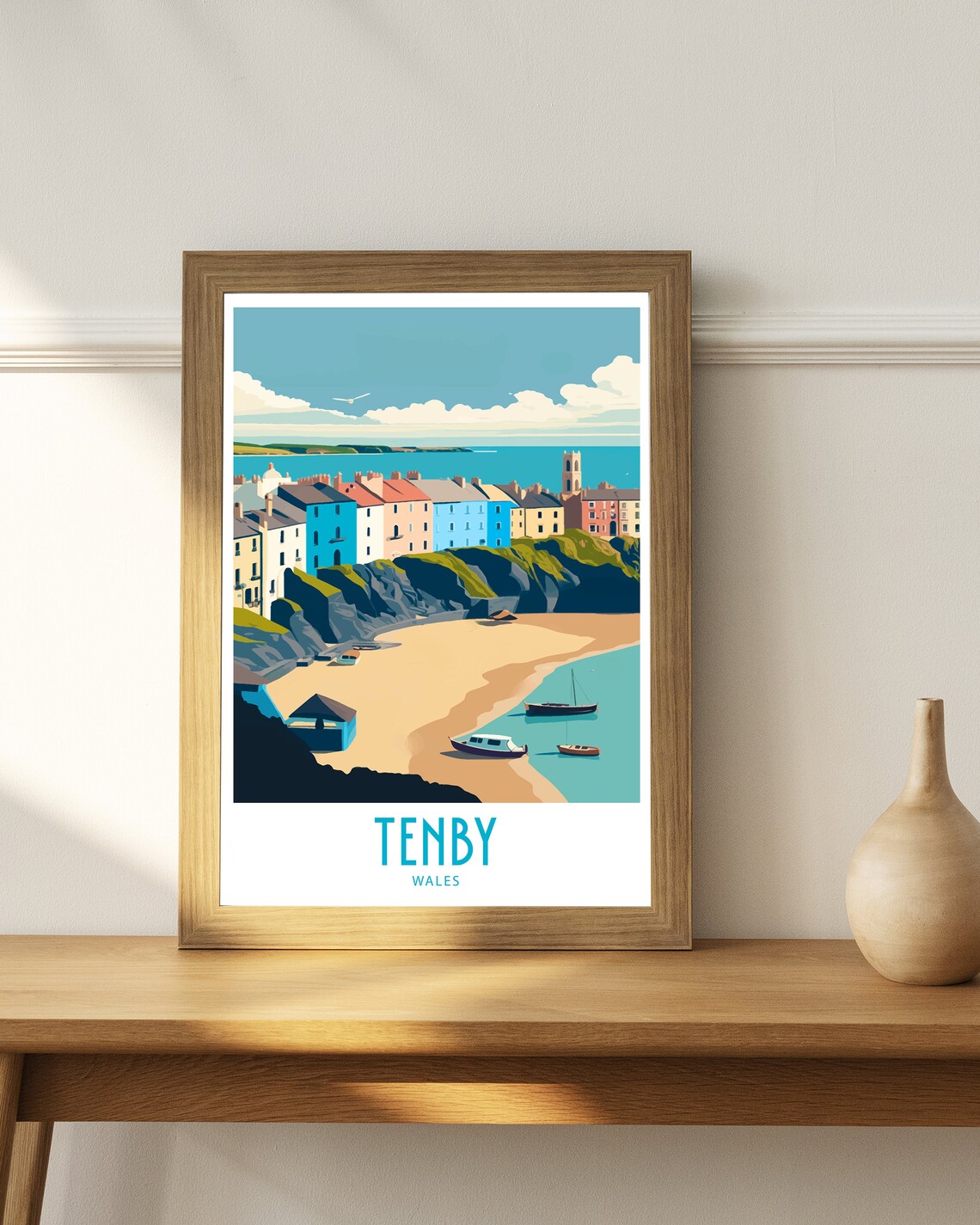 Tenby Wales Colorful Seaside Houses Sandy Beach Boats View Poster - Image 5