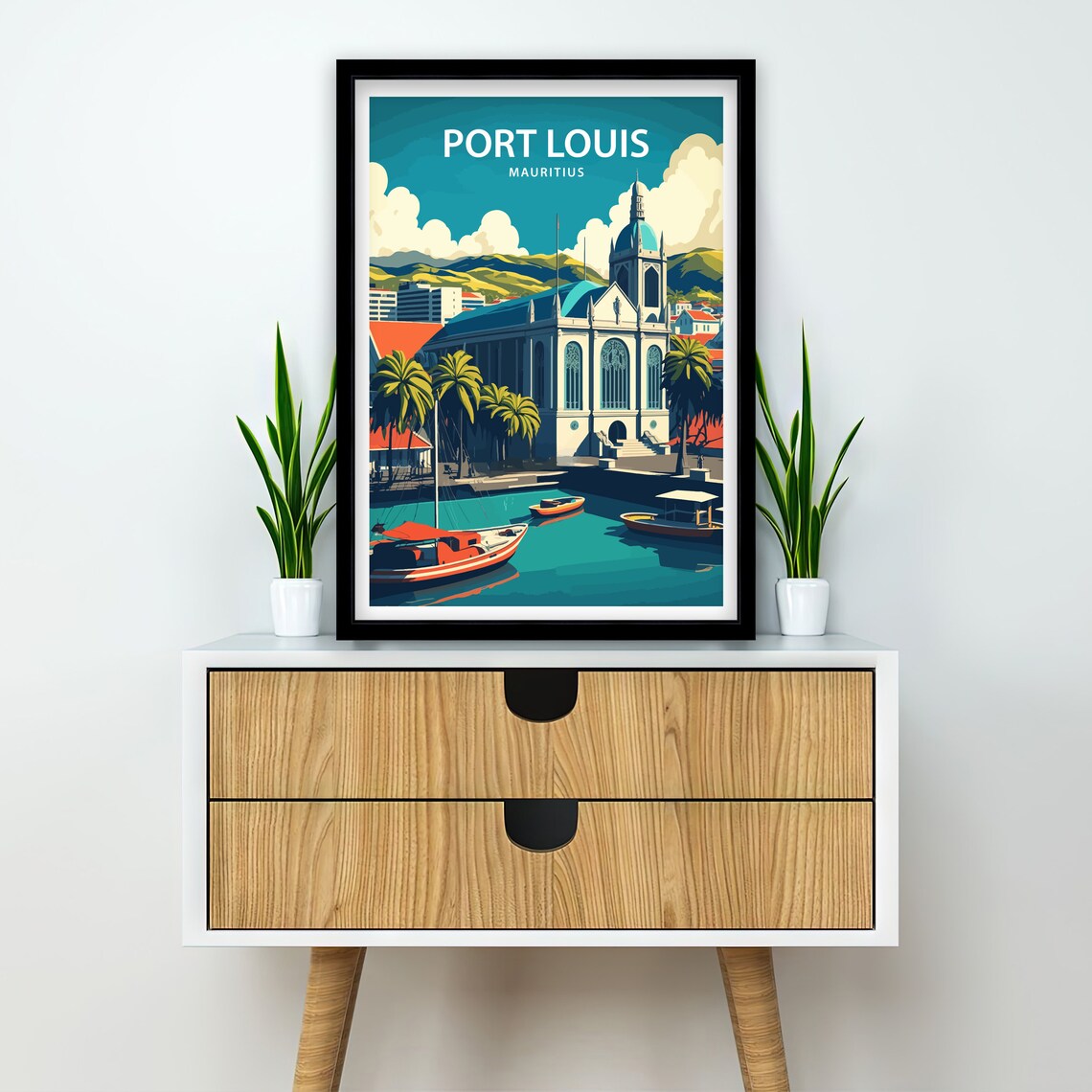 Port Louis Mauritius Waterfront Church Palms And Boats Tropical Poster - Image 2