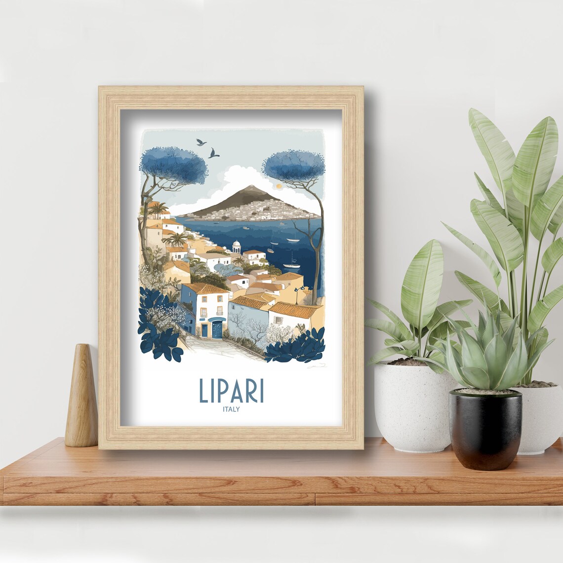 Lipari Italy Watercolor Coastal Town With Island Volcano Travel Poster - Image 2