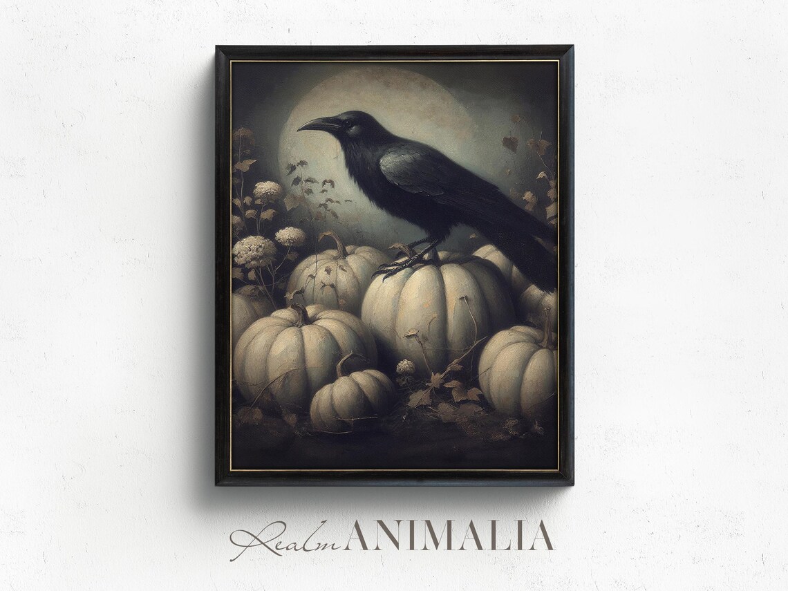 Crow In Pumpkin Patch Vintage Halloween Art Print - Image 4