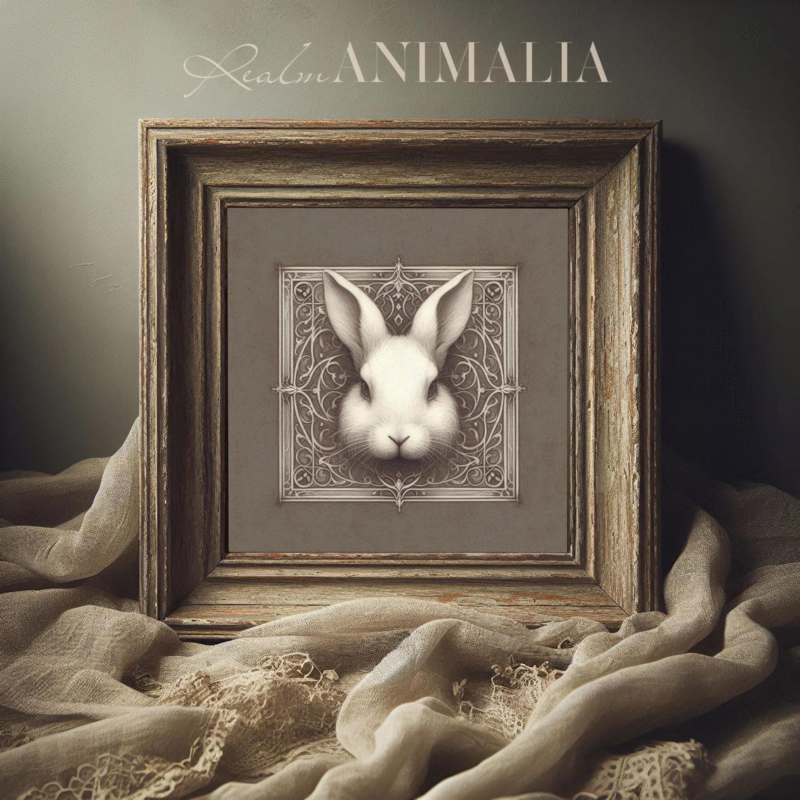 White Rabbit Portrait Sketch Ornate Art Nouveau Frame Poster - Image 3