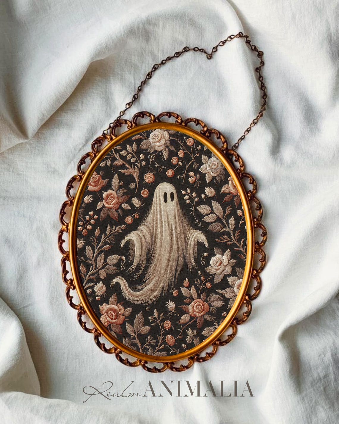Ghost Among Roses Dense Floral Tapestry Dark Halloween Art Print - Image 4