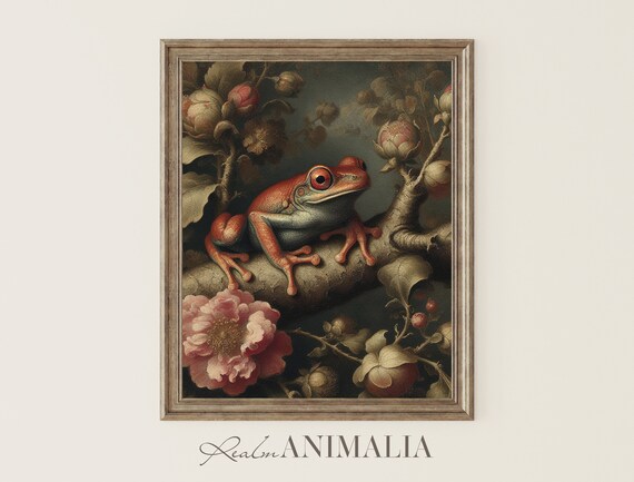 Tree Frog Art Print Vintage Frog Wall Art Moody Floral Botanical Animal Painting Amphibian Poster Cottagecore Decor Fg002
